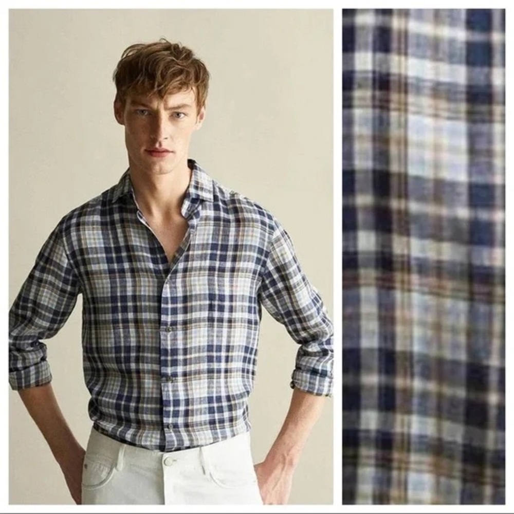 Massimo Dutti Blue/Cream Linen Check Button Down Collated Shirt Men’s Size M